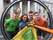 27 January 2015; Model Rozanna Purcell pictured with, from left, Irish riders Damien Shaw, David McCann, former Rás winner, Sean McKenna and Eoin Morton at the launch of the 2015 An Post Rás which will begin on Sunday May 17th, in Dunboyne, Co. Meath and finish on Sunday May 24th, in Skerries, Co. Dublin. GPO, O'Connell Street, Dublin. Picture credit: Pat Murphy / SPORTSFILE