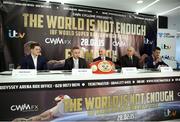27 January 2015: In attendance at the Frampton VS Avalos, The World Is Not Enough London Press Conference, from left, Shane McGuigan, Barry McGuigan, Carl Frampton, Niall Sloane, head of sport at ITV, and Craig Droste, General manager of CWM FX. Heron Tower, Bishopsgate, London, England. Picture credit: Paul Harding / SPORTSFILE