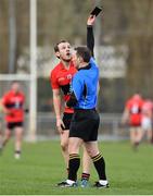 27 January 2015; Referee Derek O'Mahony show the black card to UCC's Brian O'Driscoll after he was deemed to have fouled  Donough Leahy, Cork IT. Independent.ie Sigerson Cup, Round 1, UCC v Cork IT, Mardyke, Cork. Picture credit: Barry Cregg / SPORTSFILE