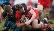 27 January 2015; Ian Molloy, Glenstal Abbey, is tackled by Ronan Murphy, left, and David Rowsome, Castletroy College. SEAT Munster Schools Senior Cup, Round 1, Castletroy College v Glenstal Abbey. Rosbrien, Limerick. Picture credit: Diarmuid Greene / SPORTSFILE
