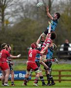 27 January 2015; Niall O'Shea, Castletroy College, wins possession in a lineout ahead of Neilus Mulvihill, Glenstal Abbey. SEAT Munster Schools Senior Cup, Round 1, Castletroy College v Glenstal Abbey. Rosbrien, Limerick. Picture credit: Diarmuid Greene / SPORTSFILE