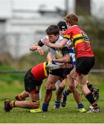 27 January 2015; Toby McVeigh, St. Andrew's College, is tackled by Zach Sattar, left, and Luke Whyte, CBC Monkstown. Bank of Ireland Leinster Schools Fr. Godfrey Cup, Semi-Final, CBC Monkstown v St. Andrew's College, Anglesea Road, Dublin. Picture credit: Piaras Ó Mídheach / SPORTSFILE