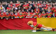 27 January 2015; CBC Monkstown mascot 'Beef' entertains the crowd at half-time. Bank of Ireland Leinster Schools Fr. Godfrey Cup, Semi-Final, CBC Monkstown v St. Andrew's College, Anglesea Road, Dublin. Picture credit: Piaras Ó Mídheach / SPORTSFILE