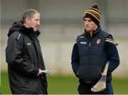 25 January 2015; Antrim manager Kevin Ryan speaking to injured player Michael Bradley. Bord na Mona Walsh Cup Group 2, Round 3, Dublin v Antrim, Parnell Park, Dublin. Picture credit: Oliver McVeigh / SPORTSFILE