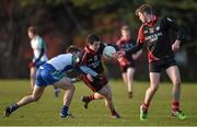 28 January 2015; Gareth Deery, Trinity College, with support from team-mate John Kavanagh, in action against Eoin Keirns, Athlone IT. Independent.ie Sigerson Cup, Preliminary Round, Trinity College v Athlone IT. Clanna Gael GAC, Ringsend, Dublin. Picture credit: Barry Cregg / SPORTSFILE