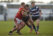 28 January 2015; Shane O'Hanlon, CBC, is tackled by Caolan Moloney, Crescent College. SEAT Munster Schools Senior Cup, Round 1, Crescent College v CBC. Tom Clifford Park, Limerick. Picture credit: Diarmuid Greene / SPORTSFILE