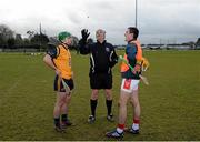 29 January 2015; Referee Brian Gavin performs the coin toss with DCU captain Cathal Curran, left, and Cork IT captain John Cronin. Independent.ie Fitzgibbon Cup, Group A, Round 1, DCU v Cork IT. Dublin City University, Dublin. Picture credit: Piaras Ó Mídheach / SPORTSFILE