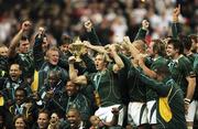 20 October 2007; South Africa squad celebrate with the trophy. Rugby World Cup Final, South Africa v England,Stade de France, Paris. Picture credit; Paul Thomas / SPORTSFILE