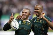 20 October 2007; South Africa's Bryan Habana, left, and JP Pietersen celebrate after the game. Rugby World Cup Final, South Africa v England,Stade de France, Paris. Picture credit; Richard Lane / SPORTSFILE