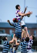 29 January 2015; Tim Burke, Clongowes Wood College, wins possession in the lineout ahead of Bilal M'Uazzam, Castleknock College. Bank of Ireland Leinster Schools Senior Cup, 1st Round, Clongowes Wood College v Castleknock College. Donnybrook Stadium, Donnybrook, Dublin. Picture credit: Pat Murphy / SPORTSFILE