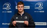 30 January 2015; Josh Van Der Flier, Leinster Academy player, draws out the name Clongowes Wood College during the Bank of Ireland Schools Senior Cup second round draw. Old Wesley Rugby Club, Dublin. Picture credit: Piaras O Midheach / SPORTSFILE