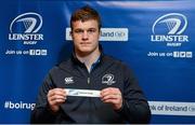 30 January 2015; Josh Van Der Flier, Leinster Academy player, draws out the name of Blackrock College during the Bank of Ireland Schools Senior Cup second round draw. Old Wesley Rugby Club, Dublin. Picture credit: Piaras O Midheach / SPORTSFILE