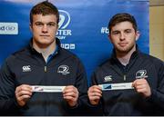 30 January 2015; Josh Van Der Flier, left, Leinster Academy player, draws out the name Clongowes Wood College and Ian Fitzpatrick, Leinster Academy player, draws out the name of St Michael's College during the Bank of Ireland Schools Senior Cup second round draw. Old Wesley Rugby Club, Dublin. Picture credit: Piaras O Midheach / SPORTSFILE