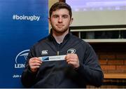 30 January 2015; Ian Fitzpatrick, Leinster Academy player, draws out the name of St Michael's College during the Bank of Ireland Schools Senior Cup second round draw. Old Wesley Rugby Club, Dublin. Picture credit: Piaras O Midheach / SPORTSFILE