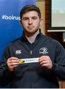 30 January 2015; Ian Fitzpatrick, Leinster Academy player, draws out the name of CBC Monkstown during the Bank of Ireland Schools Senior Cup second round draw. Old Wesley Rugby Club, Dublin. Picture credit: Piaras O Midheach / SPORTSFILE