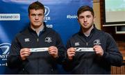30 January 2015; Josh Van Der Flier, left, Leinster Academy player, draws out the name of Blackrock College, and Ian Fitzpatrick, Leinster Academy player, draws out the name of Cistercian College Roscrea during the Bank of Ireland Schools Senior Cup second round draw. Old Wesley Rugby Club, Dublin. Picture credit: Piaras O Midheach / SPORTSFILE