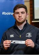 30 January 2015; Ian Fitzpatrick, Leinster Academy player, draws out the name of Cistercian College Roscrea during the Bank of Ireland Schools Senior Cup second round draw. Old Wesley Rugby Club, Dublin. Picture credit: Piaras O Midheach / SPORTSFILE