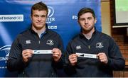 30 January 2015; Josh Van Der Flier, left, Leinster Academy player, draws out the name of St Andrews College, and Ian Fitzpatrick, Leinster Academy player, draws out the name of Newbridge College during the Bank of Ireland Schools Senior Cup second round draw. Old Wesley Rugby Club, Dublin. Picture credit: Piaras O Midheach / SPORTSFILE