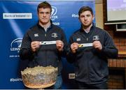 30 January 2015; Josh Van Der Flier, left, Leinster Academy player, draws out the name of Belvedere College, and Ian Fitzpatrick, Leinster Academy player, draws out the name of CBC Monkstown during the Bank of Ireland Schools Senior Cup second round draw. Old Wesley Rugby Club, Dublin. Picture credit: Piaras O Midheach / SPORTSFILE