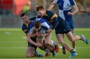 30 January 2015; Zola Henry, St Andrew's College is tackled by Will Potterton, left, and Paul McCullagh, The Kings Hospital. The Kings Hospital v St Andrew's College, Bank of Ireland Leinster Schools Senior Cup, 1st Round. Donnybrook Stadium, Donnybrook, Dublin. Picture credit: Piaras Ó Mídheach / SPORTSFILE