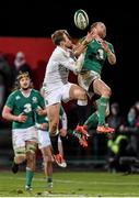 30 January 2015; Keith Earls, Ireland Wolfhounds, challenges for a high ball with Chris Pennell, England Saxons. Ireland Wolfhounds v England Saxons, International Friendly. Irish Independent Park, Cork.  Picture credit: Matt Browne / SPORTSFILE