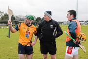 29 January 2015; Referee Brian Gavin with team captains Cathal Curran, DCU, left, and John Cronin, Cork IT, before the game. Independent.ie Fitzgibbon Cup, Group A, Round 1, DCU v Cork IT. Dublin City University, Dublin. Picture credit: Piaras Ó Mídheach / SPORTSFILE