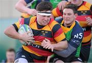 31 January 2015; Tyrone Moran, Lansdowne, breaks through the tackle of Adam Craig, Ballinahinch, on his way to scoring a try. Ulster Bank League Division 1A, Lansdowne v Ballinahinch. Aviva Stadium, Lansdowne Road, Dublin. Picture credit: Tomás Greally / SPORTSFILE