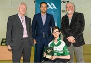 31 January 2015: Will O'Mara, Dublin, receives his Goalkeeper of the Year award from Paul Harte, left, Chairman of St. Peregrines GAA Club; Leo Varadkar, TD, Minister for Health; and Martin Donnelly, M. Donnelly. GAA Wheelchair Hurling Blitz/All-Star Awards, St. Peregrines GAA Club, Blakestown Road, Dublin.  Picture credit: Barry Cregg / SPORTSFILE