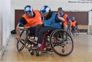 31 January 2015: Ellie Sheehy, Limerick, in action against Stephen Casey, Limerick. M. Donnelly GAA Wheelchair Hurling Blitz/All-Star Awards, St. Peregrines GAA Club, Blakestown Road, Dublin.  Picture credit: Barry Cregg / SPORTSFILE