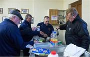 1 February 2015; Umpire Paddy 'Salt' Murphy, his son and match referee Patrick 'Salt' Murphy Junior, hidden, fellow umpires Frankie Dowling and PJ Farrell accept a cup of tea from Portlaoise groundsman Willie Stackpool before the game. Bord na Mona Walsh Cup, Semi-Final, Laois v Dublin. O'Moore Park, Portlaoise, Co. Laois. Picture credit: Ray McManus / SPORTSFILE