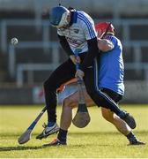 1 February 2015; Laois goal keeper Eoin Reilly comes under pressure, near the sideline, from Dublin's Cian McBride. Bord na Mona Walsh Cup, Semi-Final, Laois v Dublin. O'Moore Park, Portlaoise, Co. Laois. Picture credit: Ray McManus / SPORTSFILE