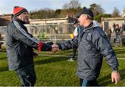 1 February 2015; Cork manager Brian Cuthbert, left, and Dublin manager Jim Gavin exchange a handshake after the game. Allianz Football League, Division 1, Round 1, Cork v Dublin, Páirc Uí Rinn, Cork. Picture credit: Diarmuid Greene / SPORTSFILE
