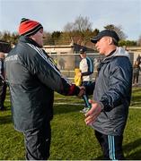 1 February 2015; Cork manager Brian Cuthbert, left, and Dublin manager Jim Gavin exchange a handshake after the game. Allianz Football League, Division 1, Round 1, Cork v Dublin, Páirc Uí Rinn, Cork. Picture credit: Diarmuid Greene / SPORTSFILE