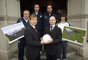 26 October 2007; Plans for a new state of the art Football Academy Complex at a proposed site at Turvey, between Swords and Donabate, for Fingal were announced by Fingal County Council. The Council also indicated that it is facilitating the submission of an application for a senior football club licence to participate in the new League of Ireland &quot;A&quot; Championship from the 2008 season. The development of both initiatives is part of Fingal County Council's Football Development Plan which has been almost 2 years in the making and involves the close collaboration with former Irish International player Liam Buckley who is spearheading the plan. At the announcement are John O'Brien, right, Senior Executive Officer, Fingal County Council Community Culture & Sports Division, and Liam Buckley, Director of Football, Fingal Football Development Plan, with FAI Development Officers, from left, Mick Pender, Denis Hyland, and Paul O'Reilly, and young footballer Cormac O'Neill, age 15. O'Callaghan Alexander Hotel, Merrion Square, Dublin. Picture credit: Brian Lawless / SPORTSFILE