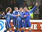 27 October 2007; Dungannon Swifts' Shea Campbell, right, celebrates with team-mates, from left, Shane McCabe, Finbar Heffernan, and Niall McGinn after scoring his side's second goal. Carnegie Premier League, Dungannon Swifts v Linfield, Stangmore Park, Dungannon, co. Tyrone. Picture credit; Oliver McVeigh / SPORTSFILE