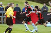 28 October 2007; Robbie Martin, left, Longford Town, celebrates after scoring his side's first goal with team-mate's Jamie Duffy, centre, and Dave Mooney. FAI Ford Cup semi-final, UCD v Longford Town, Belfield Park, UCD, Dublin. Picture credit; David Maher / SPORTSFILE