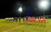 30 January 2015; The two teams of  Cork City and Roscommon and District League line up before the start of the game. Friendly Match, Roscommon and District League v Cork City. Lecarrow, Co.Roscommon. Picture credit: David Maher / SPORTSFILE