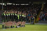 1 February 2015; The Mayo team, with their new away jerseys, stand for the national anthem before the game. Allianz Football League, Division 1, Round 1, Kerry v Mayo. Fitzgerald Stadium, Killarney, Co. Kerry.  Picture credit: Brendan Moran / SPORTSFILE