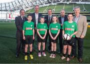 1 February 2015; Republic of Ireland Manager Martin O’Neill together with FAI Chief Executive John Delaney with from left, Donal Conway, Vice-President of the FAI,  Leo Crawford, BWG Group Chief Executive and Willie O'Byrne, BWG Foods Managing Director, with children, from left: Paul Delaney, age 12, Killeagh, Co.Cork; Rachel Moran, age 11 and her brother Luke Moran, age 12 from Summerhill, Co.Meath; and Laura Sproule, age 12, from Castlefinn, Co.Donegal, at the Aviva Stadium where SPAR were announced as the Official Convenience Retail Partner of the FAI.  SPAR are also the new title sponsor of the Primary School 5’s Programme; a national five aside competition for boys and girls in 4th, 5th and 6th classes. Picture credit: David Maher / SPORTSFILE