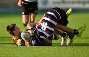 2 February 2015; Peter Kenny, The King's Hospital, is tackled by Matthew O'Shea, Terenure College. Bank of Ireland Leinster Schools Junior Cup, 1st Round, Terenure College v The King's Hospital. Donnybrook Stadium, Donnybrook, Dublin. Picture credit: Barry Cregg / SPORTSFILE