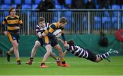 2 February 2015; Sam Boland, The King's Hospital, is tackled by Luke Grady, left, and Jamie Devlin, Terenure College. Bank of Ireland Leinster Schools Junior Cup, 1st Round, Terenure College v The King's Hospital. Donnybrook Stadium, Donnybrook, Dublin. Picture credit: Barry Cregg / SPORTSFILE