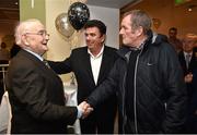 2 February 2015; Broadcaster and Journalist Jimmy 'The Memory Man' Magee with former Dublin great Jimmy Keaveney, right, and RTE presenter Des Cahill as they joined him to celebrate his 80th birthday at a party in the Goat Bar & Restaurant, Goatstown, Dublin. Picture credit: Ray McManus / SPORTSFILE