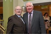 2 February 2015; Broadcaster and Journalist Jimmy 'The Memory Man' Magee with Paddy Cullen, goalkeeper with the All-Ireland Football winning Dublin team of 1974, who joined him to celebrate his 80th birthday at a party in the Goat Bar & Restaurant, Goatstown, Dublin. Picture credit: Ray McManus / SPORTSFILE