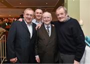 2 February 2015; Broadcaster and Journalist Jimmy 'The Memory Man' Magee with, from left to right, former Republic of Ireland soccer manager Eoin Hand, Ireland Boxing coach Billy Walsh, and Dublin football great Jimmy Keaveney who joined him to celebrate his 80th birthday at a party in the Goat Bar & Restaurant, Goatstown, Dublin. Picture credit: Ray McManus / SPORTSFILE