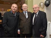 2 February 2015; Broadcaster and Journalist Jimmy 'The Memory Man' Magee with former Ireland rugby international Tony Ward and former Irish Times journalist Ned Van Esbeck who joined him to celebrate his 80th birthday at a party in the Goat Bar & Restaurant, Goatstown, Dublin. Picture credit: Ray McManus / SPORTSFILE
