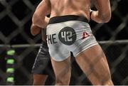 18 January 2015; Cathal Pendred wears The 42, formerly The Score, branded shorts during his welterweight bout against Sean Spencer. UFC Fight Night, Cathal Pendred v Sean Spencer, TD Garden, Boston, Massachusetts, USA. Picture credit: Ramsey Cardy / SPORTSFILE