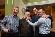 2 February 2015; Broadcaster and Journalist Jimmy 'The Memory Man' Magee with former boxers who between them hold 27 National boxing titles, from left to right, Jim O'Sullivan, 10, Kenny Egan, 10, Billy Walsh, 7, who joined him to celebrate his 80th birthday at a party in the Goat Bar & Restaurant, Goatstown, Dublin. Picture credit: Ray McManus / SPORTSFILE