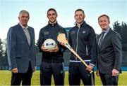 3 February 2015; At the unveiling of Ballygowan and Energise Sport as the new Official Hydration Partners of Dublin GAA in a three year deal are, from left, Dublin senior hurling manager Ger Cunningham, Dublin senior footballer James McCarthy, Dublin senior hurler Michael Carton, and Dublin senior football manager Jim Gavin. Parnell Park, Dublin. Photo by Sportsfile