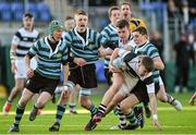 3 February 2015; David Hawkshaw, Belvedere College, with support from team-mate David Sanfey, is tackled by Cormac Foley, right, Ethan Baxter, left, and Adam O'Reilly, centre, St Gerard's School. Bank of Ireland Leinster Schools Junior Cup, 1st Round, Belvedere College v St Gerard's School, Donnybrook Stadium, Donnybrook, Dublin. Picture credit: Barry Cregg / SPORTSFILE