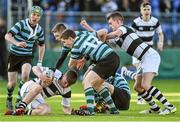 3 February 2015; David Hawkshaw, Belvedere College, with support from team-mate David Sanfey, is tackled by Ethan Baxter, left, Adam O'Reilly, centre, and Cormac Foley, St Gerard's School. Bank of Ireland Leinster Schools Junior Cup, 1st Round, Belvedere College v St Gerard's School, Donnybrook Stadium, Donnybrook, Dublin. Picture credit: Barry Cregg / SPORTSFILE
